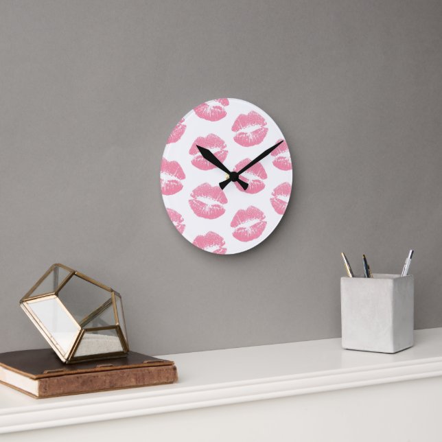 Pink Lips, Pattern Of Lips, Pink Lipstick, Kiss Round Clock (Office)