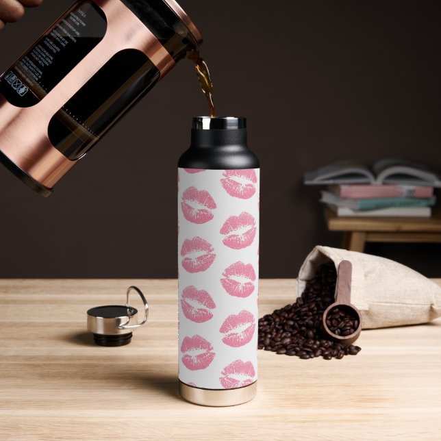 Pink Lips, Pattern Of Lips, Pink Lipstick, Kiss Water Bottle (Coffee)