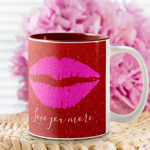 Pink Lips Red Glitter Love You More Script Sparkly Two-Tone Coffee Mug