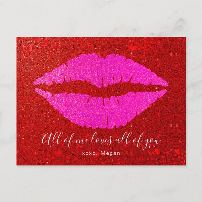Pink Lips Red Glitter Valentine All of Me Love You Holiday Postcard (Front)