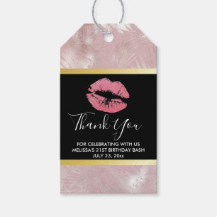 Pink Lips & Rose Gold Tropical Leaves Birthday Gift Tags