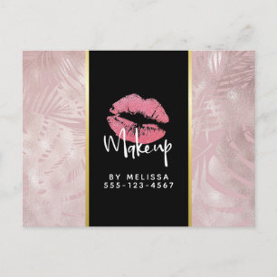 Pink Lips & Rose Gold Tropical Leaves Business Postcard