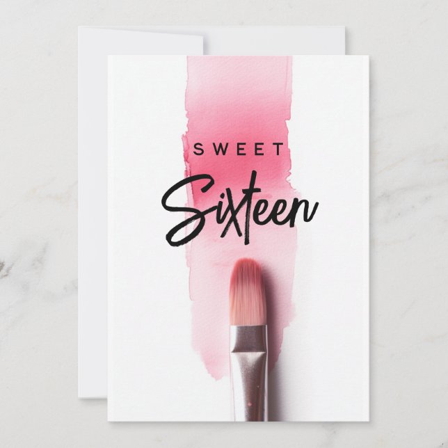Pink lipstick brush Modern sweet sixteen birthday Card (Front)