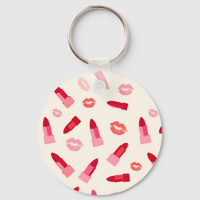 Pink Lipstick Kiss Pattern Key Ring (Front)
