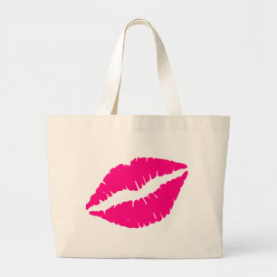 Pink lipstick kiss pop art large tote bag