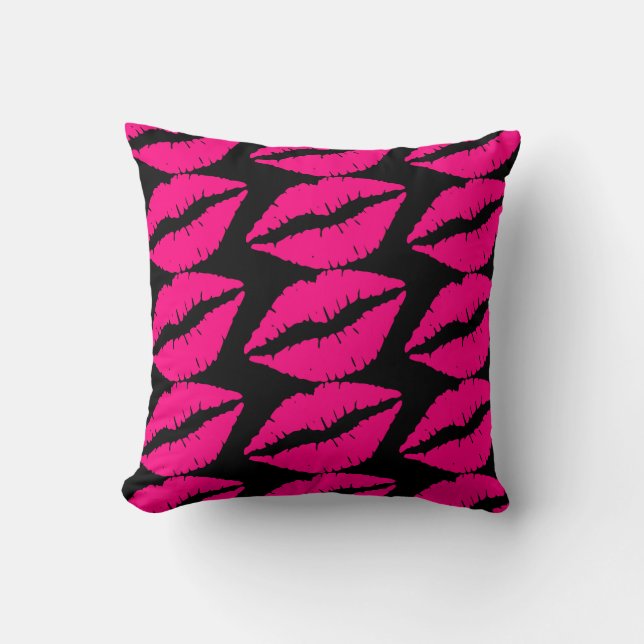 Pink lipstick kiss pop art pink and black cushion (Front)