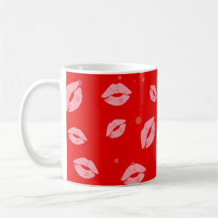 Pink Lipstick Kisses on Red Background Pattern Coffee Mug