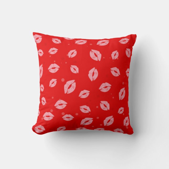 Pink Lipstick Kisses on Red Background Pattern Cushion (Front)