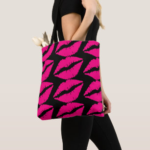 Pink lipstick pop art pink and black tote bag