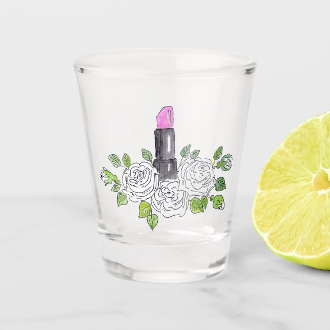 Pink lipstick sketch roses flowers floral leaves h shot glass (Front)