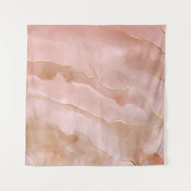 Pink Liquid Marble Gold Texture Tapestry (Front)