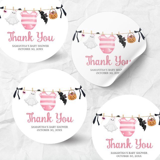 Pink Little Boo Baby Shower Classic Round Sticker (Girl Little Boo Halloween Clothesline Baby Shower Sticker)