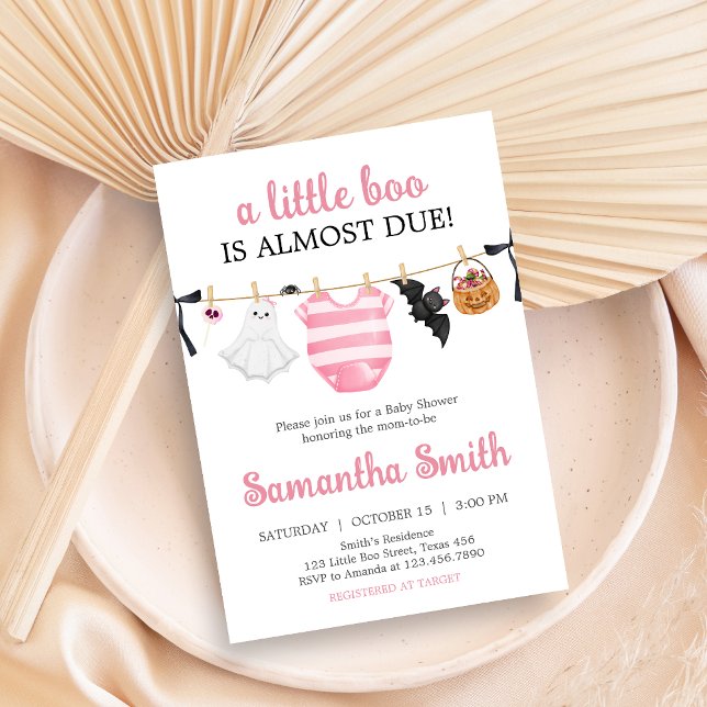 Pink Little Boo Baby Shower Invitation (Girl Little Boo Halloween Clothesline Baby Shower Invitation)