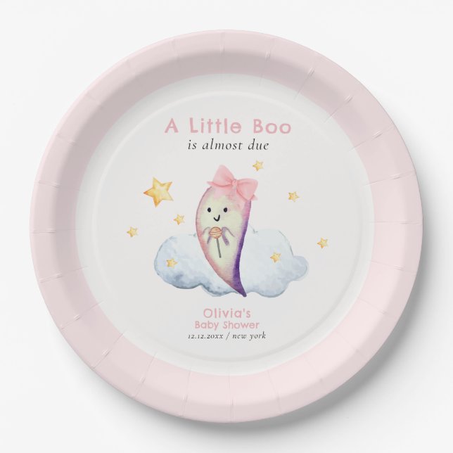 Pink Little Boo Bow Ghost Halloween Baby Shower  Paper Plate (Front)