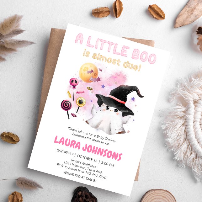 Pink Little Boo Ghost Witch Baby Shower Invitation (Little Boo Halloween Baby Shower Invitation)