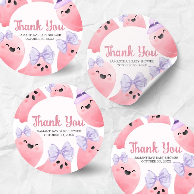 Pink Little Boo Halloween Baby Shower  Classic Round Sticker (Girl Little Boo Halloween Baby Shower Sticker)