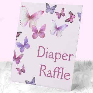 Pink Little Butterfly Baby Shower Diaper Raffle Pedestal Sign