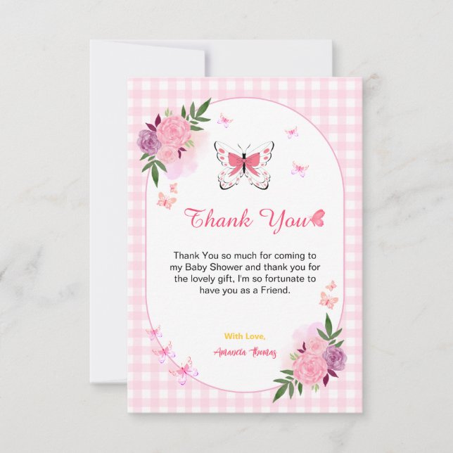 Pink Little Butterfly Baby Shower Thank You Cards  (Front)