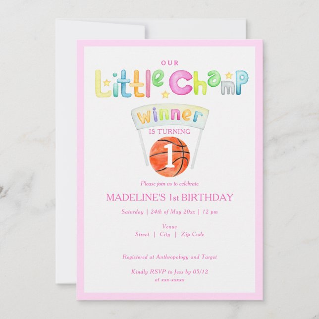 Pink Little Champ Basketball Any Age Girl Birthday Invitation (Front)