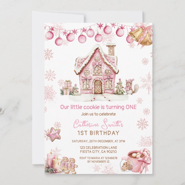 Pink Little Cookie Christmas 1st birthday  Invitation (Front)