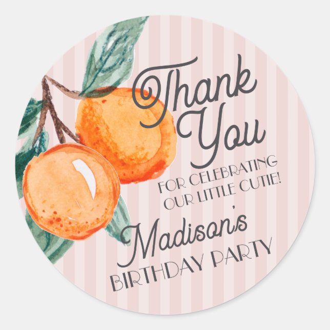 Pink Little Cutie Citrus Birthday Party Favour Classic Round Sticker (Front)