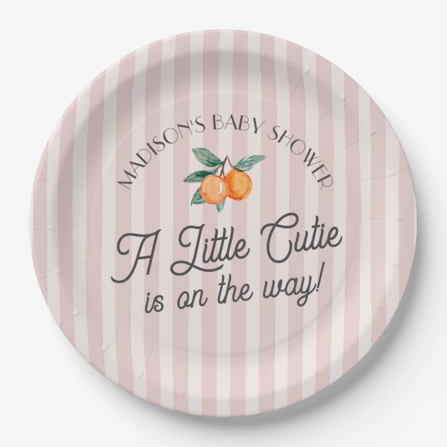 Pink Little Cutie On The Way Citrus Baby Shower Paper Plate (Front)