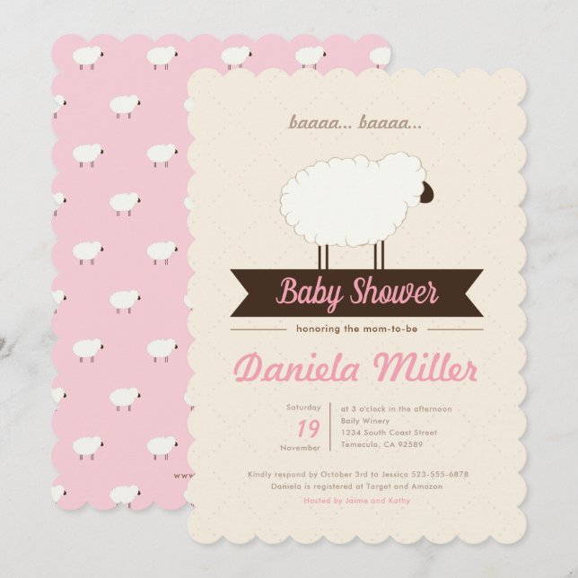 Pink Little Lamb Baby Girl Shower Invitation (Front/Back)
