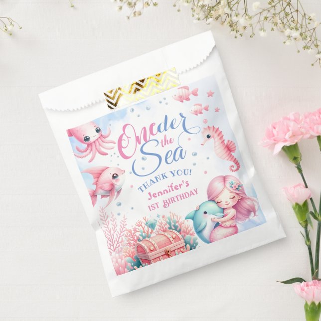 Pink Little Mermaid Cute Ocean Girl 1st Birthday  Favour Bags (Sealed)