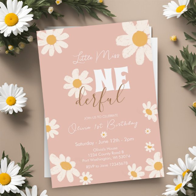 Pink Little Miss ONEderful Daisy Flowers Birthday Invitation (Creator Uploaded)