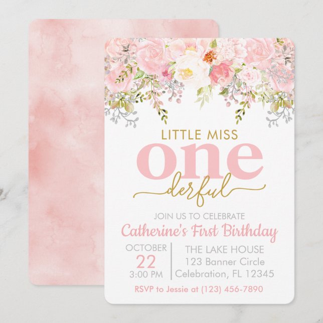 Pink Little Miss ONEderful Girl First Birthday Invitation (Front/Back)