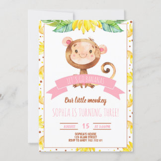 Pink Little Monkey Baby Girl Birthday Party Invitation
