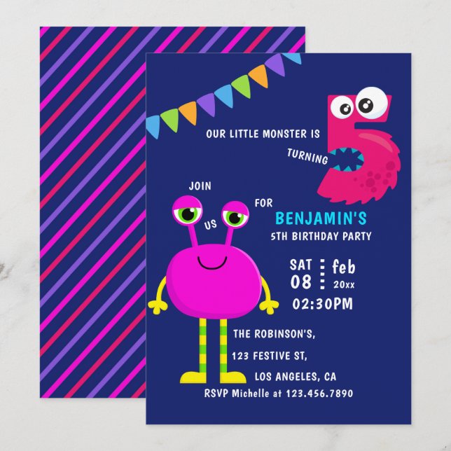 Pink Little Monster 5th Birthday Party Invitation (Front/Back)