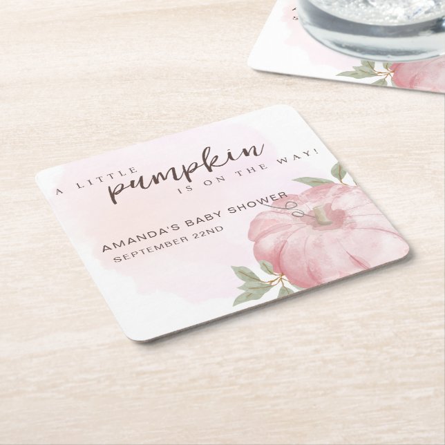 Pink Little Pumpkin Autumn Fall Baby Shower Square Paper Coaster (Angled)