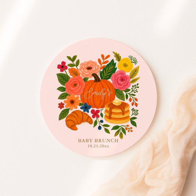 Pink Little Pumpkin Baby Shower Brunch Classic Round Sticker (Creator Uploaded)