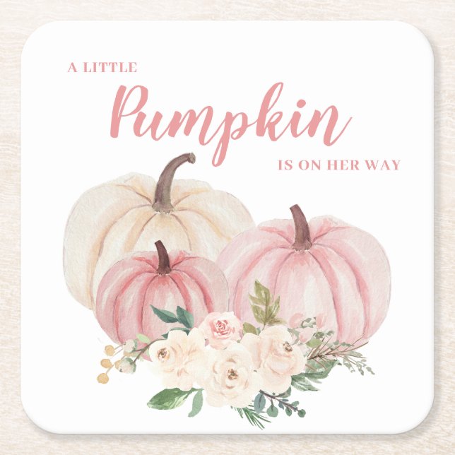 Pink Little Pumpkin Baby Shower Square Paper Coaster (Front)