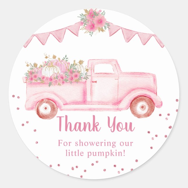 Pink Little Pumpkin Baby Shower Thank You Classic Round Sticker (Front)