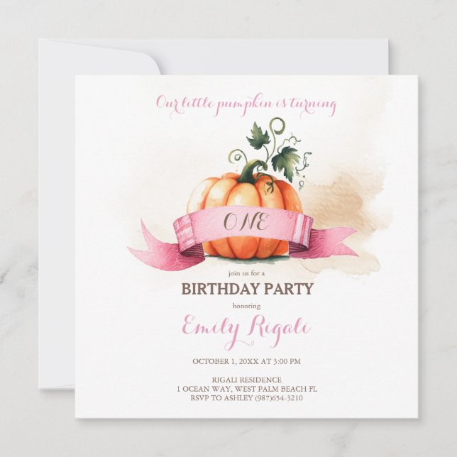 Pink Little Pumpkin Birthday Party Invitation (Front)