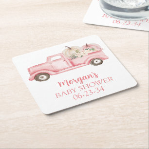 Pink Little Pumpkin Cute Baby Shower Square Paper Coaster