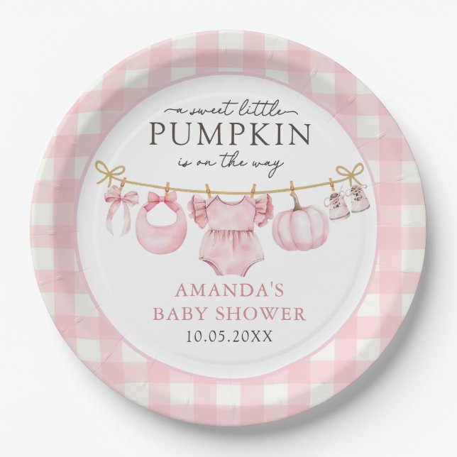 Pink Little Pumpkin Fall Baby Shower Paper Plate (Front)