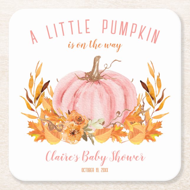Pink Little Pumpkin Fall Girl Baby Shower Square Paper Coaster (Front)