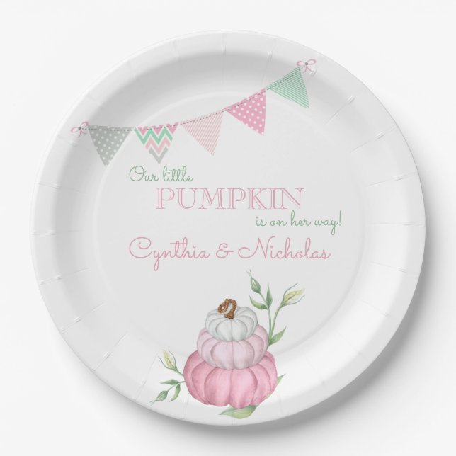 Pink Little Pumpkin Patch Girl Baby Shower Paper Plate (Front)