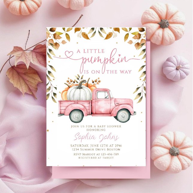  Pink Little Pumpkin Truck Fall girl Baby Shower  Invitation (Creator Uploaded)