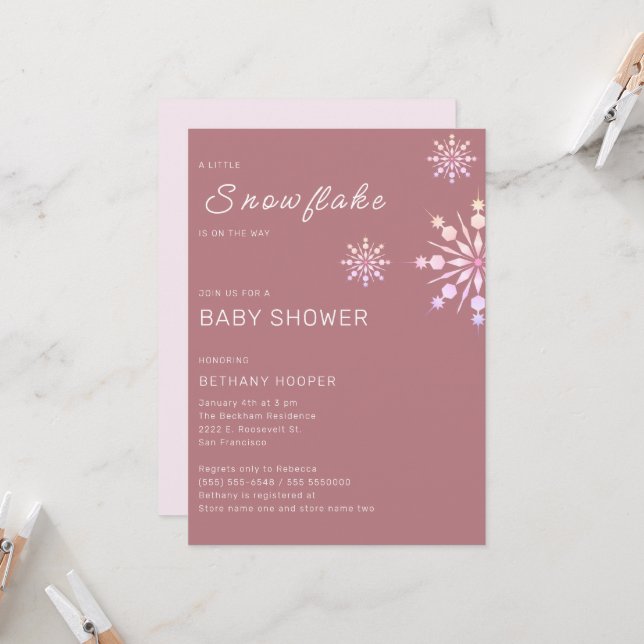  Pink Little Snowflake Girl Baby Shower Invitation (Front/Back In Situ)
