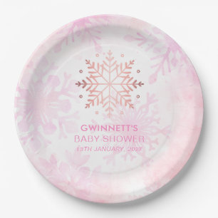 Pink Little Snowflake Girl Baby Shower Paper Plate