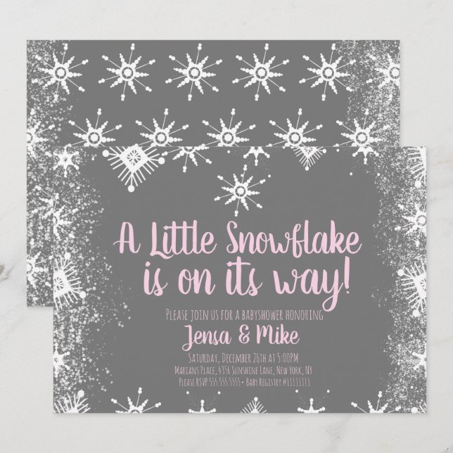 Pink Little Snowflakes Snowy Script Baby Shower Invitation (Front/Back)