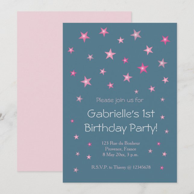 Pink Little Stars Dark Blue Baby Kids Birthday Invitation (Front/Back)