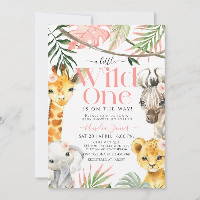 Pink Little Wild One Safari Jungle Baby Shower Invitation (Front)