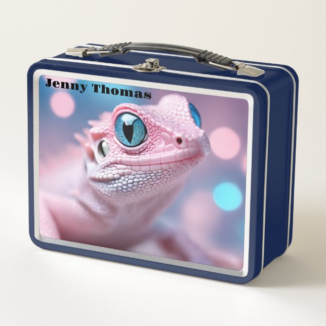 Pink Lizard with Blue Eyes Metal Lunch Box (Front)