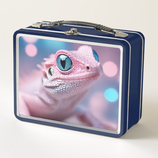 Pink Lizard with Blue Eyes Metal Lunch Box (Front)