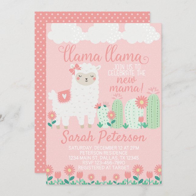 Pink Llama Baby Shower Invitation Invite (Front/Back)